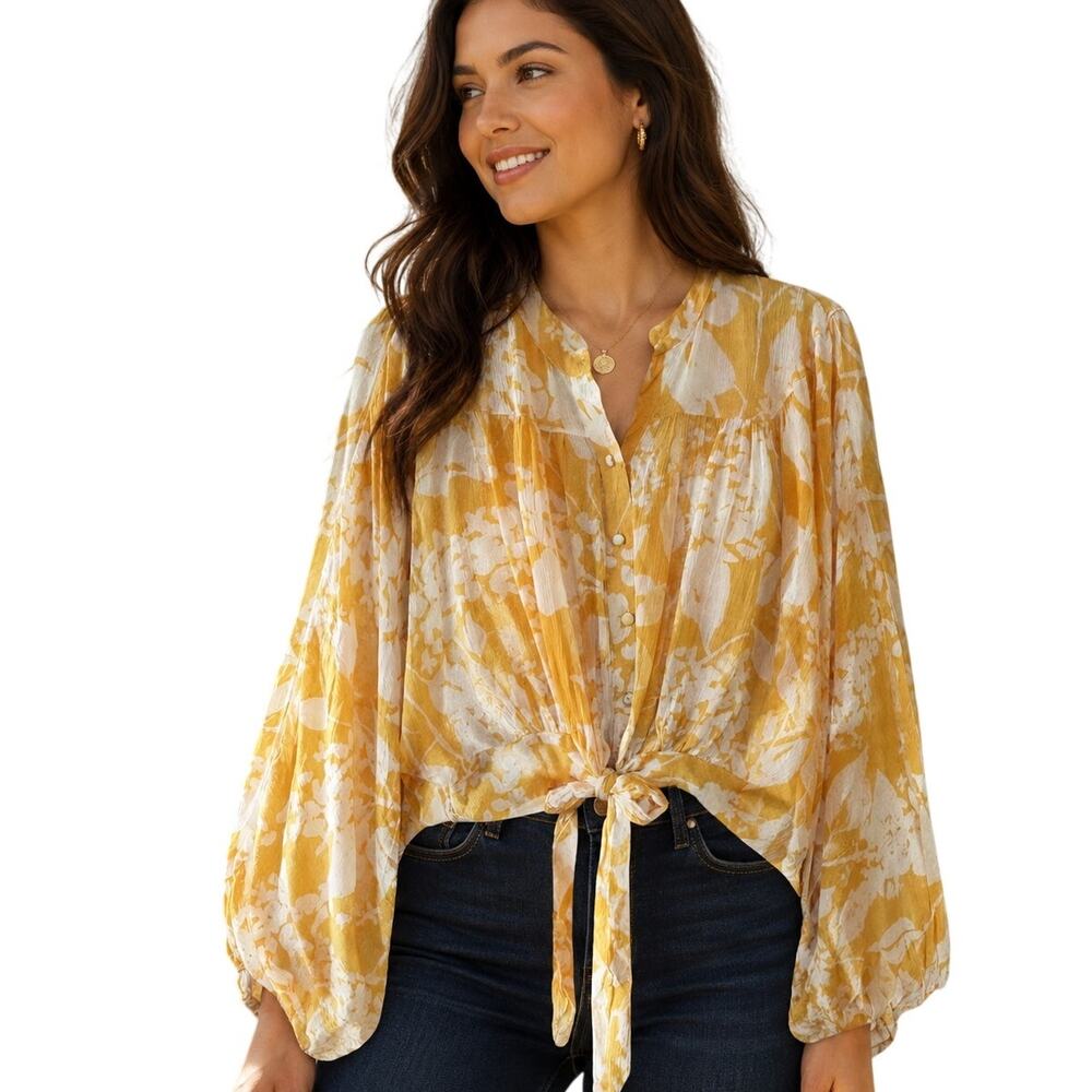 RACHEL Rachel Roy Yellow and White Floral Tie-Front Blouse